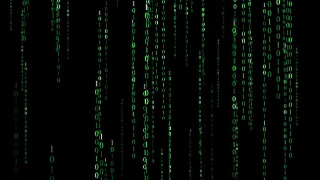 Binary code abstract background. Digits falling on dark screen with alpha channel for overlay effect. Programming, coding, algorithm development and data encryption. Hand animated motion graphics