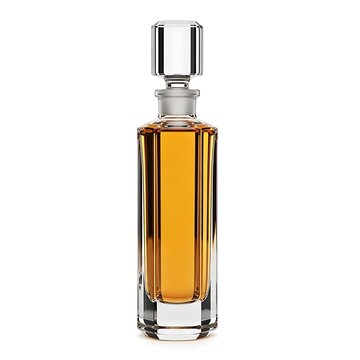 Tall rectangular glass bottle with amber liquid and clear stopper
