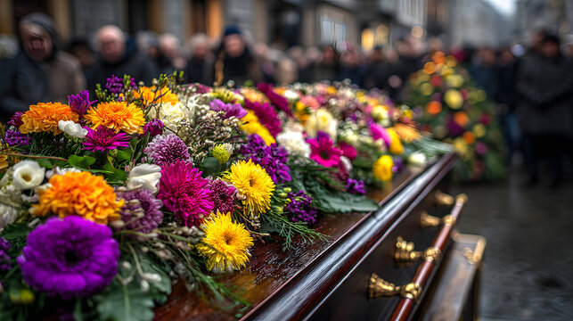 Coffin with flowers on it in the foreground, crying people in the background, funeral ceremony.