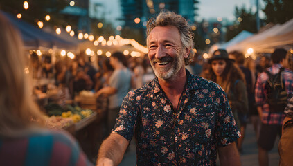Obraz premium A volunteer man is greeting visitors at an outdoor market that's filled with people during an end-of-summer meetup.