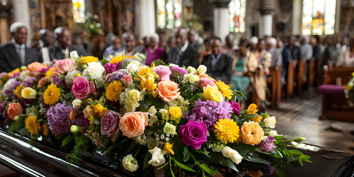 Floral arrangement on the casket during the funeral service with diverse attendees in the background.