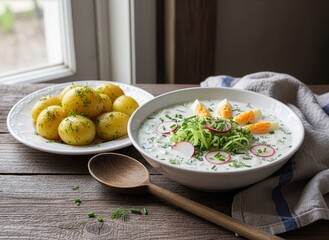 Miska z chłodnikiem na bazie kefiru, z drobno startym, ogórkiem, rzodkiewką oraz posiekanym koperkiem i szczypiorkiem. Na wierzchu ugotowane jajko przekrojone na ćwiartki. Obok na talerzyku ziemniaki