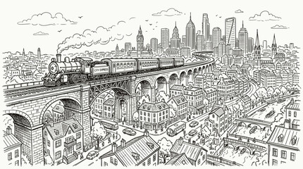 Obraz premium An intricate black and white illustration depicts a vintage steam train crossing a grand stone viaduct over a bustling cityscape with numerous buildings and a distant skyline.