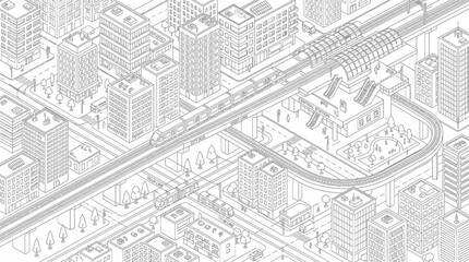 Fototapeta premium Isometric illustration of a futuristic monorail system integrated into a dense urban cityscape with high-rise buildings and intricate street networks.
