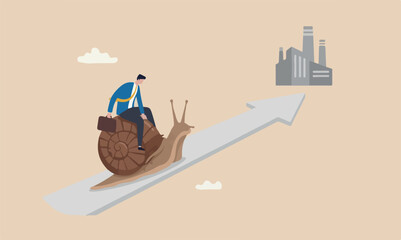 Slow industrial efficiency concept, tried businessman riding snail slow walking on arrow to reach target. © kadir