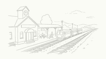 Fototapeta premium A charming sketch of a vintage train station with a waiting train on the tracks and a clock tower on the building.