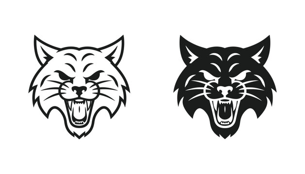 Fierce wildcat head with snarling expression mascot style vector in outline and silhouette