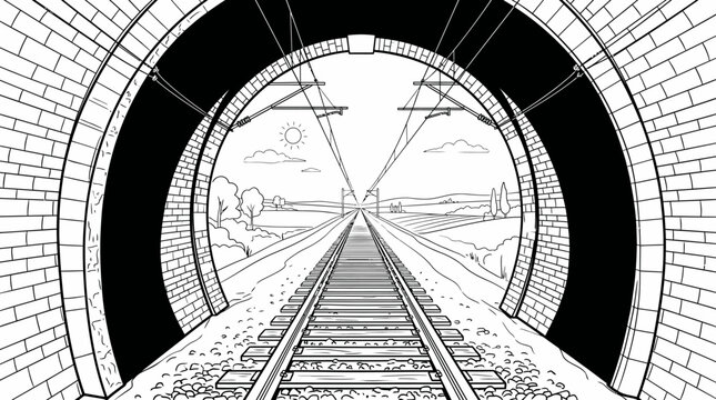 View from inside a brick tunnel looking out onto a railway track stretching towards the horizon under a sunny sky.