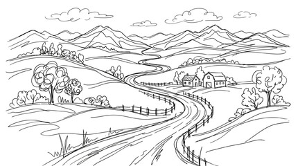 Fototapeta premium A winding country road meanders through rolling hills towards distant mountains, with a farmhouse and trees dotting the landscape.