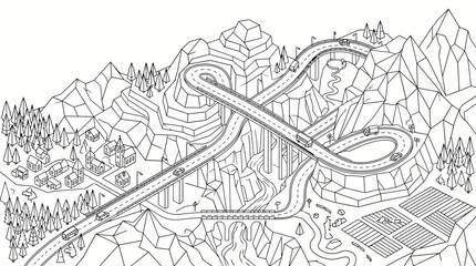 Obraz premium Intricate network of winding roads and bridges connecting a mountainous landscape with a small town and farms.