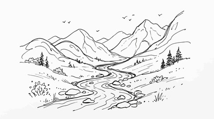 Fototapeta premium A detailed black and white sketch of a winding river flowing through a majestic mountain valley, with trees and birds adding life to the serene landscape.
