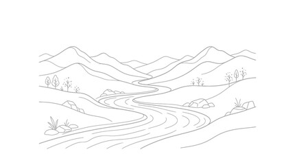 Fototapeta premium A winding river flows through a valley surrounded by rolling hills and distant mountains under a clear sky.