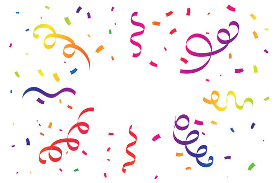 Colorful Confetti and Streamer Ribbon on White Background with Copy Space. Celebration Party Banner. Vector Illustration