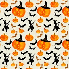Fototapeta premium Colorful Halloween Pattern With Pumpkins, Bats, and Witches Hats on a Light Background