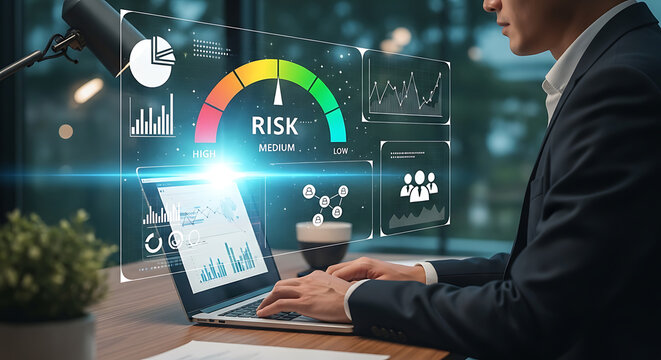 Analyzing business risk assessment on a laptop with a glowing holographic gauge showing medium risk and various data analytics