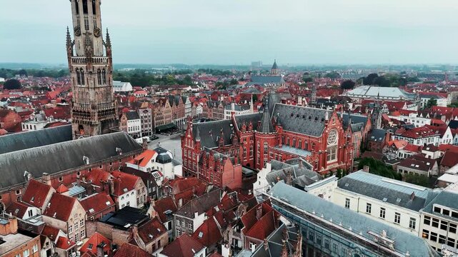 Bruges Aerial Sunrise Over Belfry Tower and Grote Markt Market Square