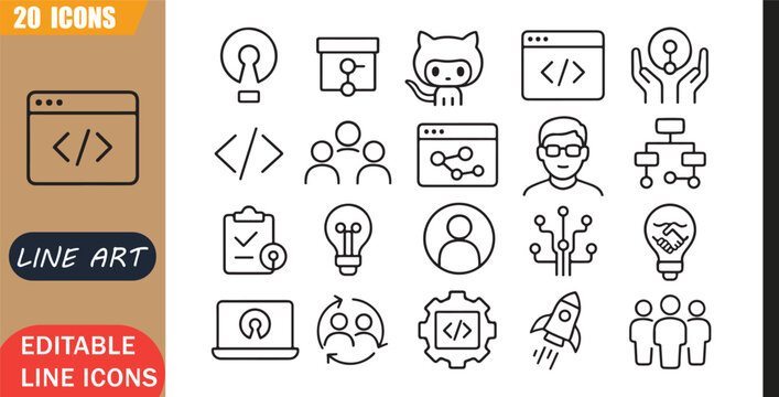 Isolated open source icons set, 20 editable line art icons set, github coding collaboration developer community, open source tools, minimal outline vector, coding, repository, developer, github