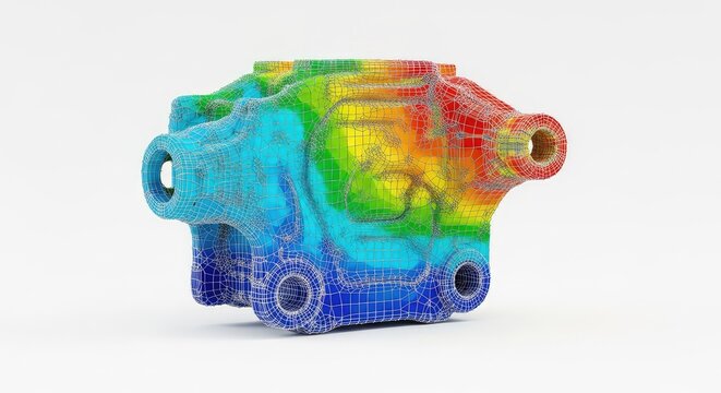 A technical finite element analysis model displaying a complex mesh structure with a colorful heat map gradient on a white background, deformation, optimization, algorithm