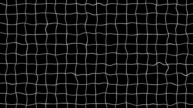 Wavy white grid animation, minimalist distorted net motion graphic on black background, professional abstract geometric texture, and clean technology background element.