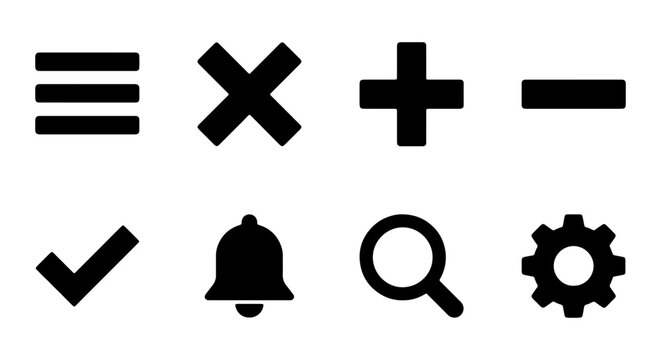 Set of 8 Black Vector Icons: Menu, Multiply, Add, Subtract, Checkmark, Bell, Search, Gear