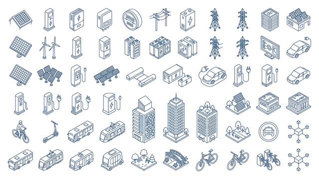 Isometric Sustainable Smart City Line Icon Set with Solar Panels, EV Charging, Smart Grid and Urban Mobility Elements Editable Stroke Vector Collection