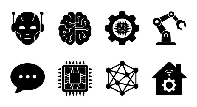 Technology Icons Set: Robot, Brain AI, Gear Chip, Robotic Arm, Chat Bubble, CPU, Network, Smart Home