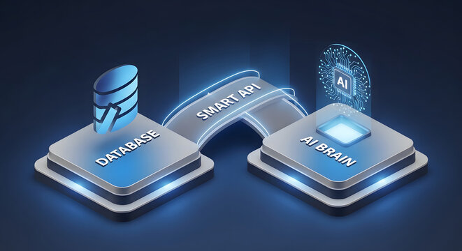 Isometric illustration of database connection to ai brain via smart api