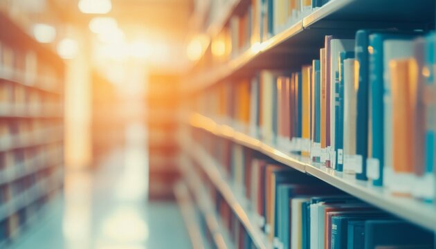 Books lined on library shelves with warm sunlight creating a serene reading atmosphere and inviting space for learning