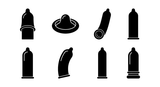 Condom Icons Set, Safe Sex Symbols, Latex Protection Vector Graphics, Health Awareness