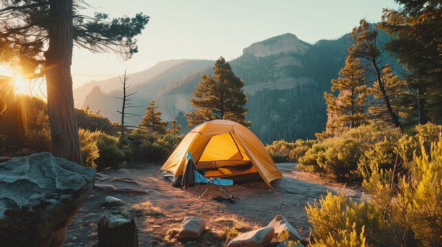 Minimal camping setup with sunrise glow and clean composition.