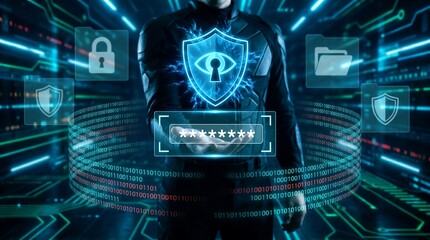 Fototapeta premium Cybersecurity digital shield concept, futuristic data protection interface with glowing blue icons, secure network technology and biometric authentication