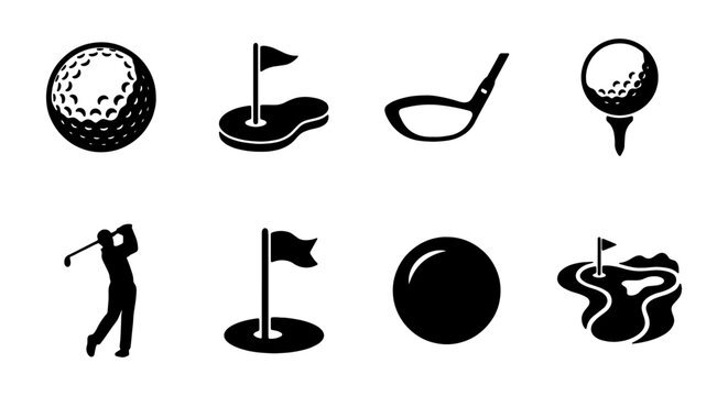 Golf Icons Set: Ball, Club, Player, Flag, Course Elements, Vector Graphics for Sport