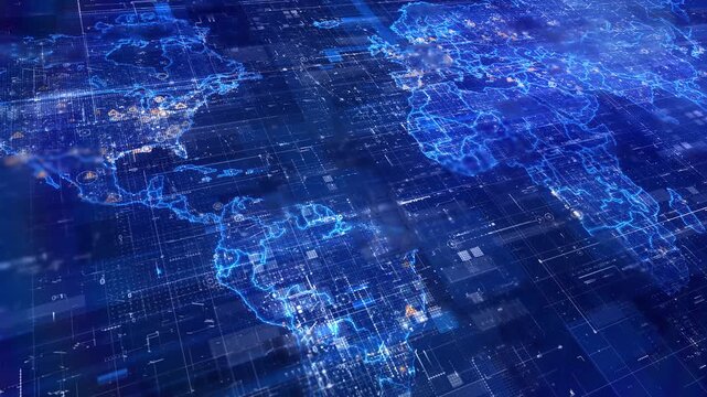 Digital world map data network connection movement animation global business technology background.