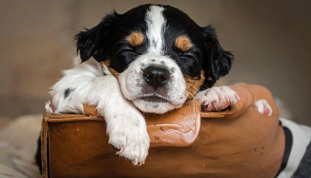 Peaceful puppy naps on cushion