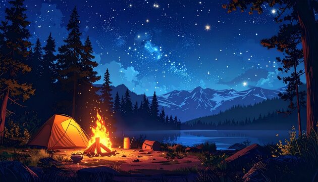 Peaceful starry night camp scene