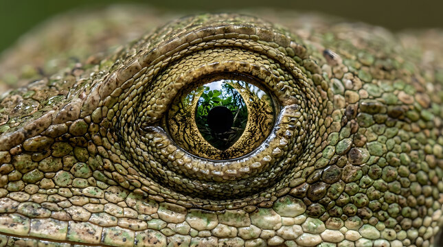Close up photograph of a lizard eye with detailed scales and natural reflections