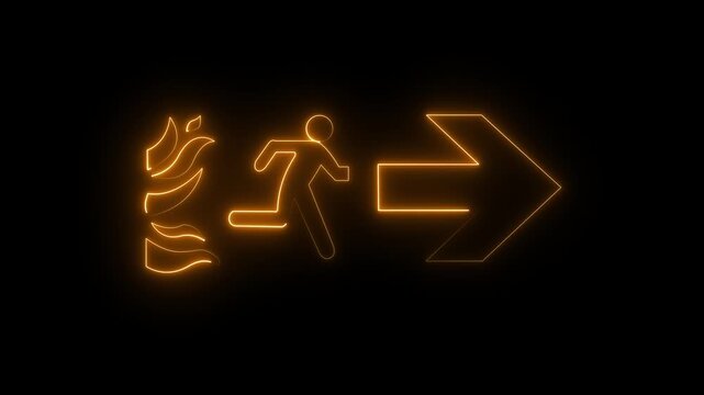 Animated neon exit sign showing fire hazard and emergency evacuation on black background