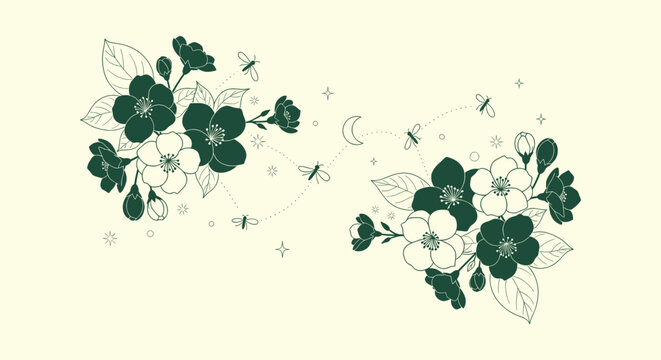 Minimalist Vintage Botanical Drawing with Flowers Moon and Constellations Decorative Vector Art