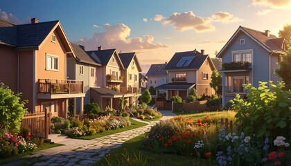 Peaceful suburban street with colorful flowers