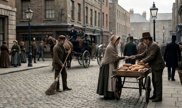 People walking on a busy london street in 19th century.