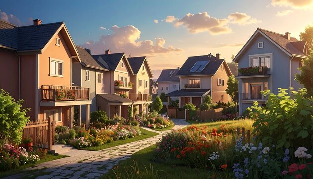 Peaceful suburban street with colorful flowers