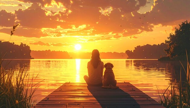 Peaceful sunset scene woman, dog