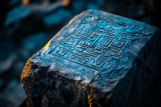 Ancient stone monolith with glowing blue microchip engravings, futuristic archeology concept, cinematic industrial ruins.