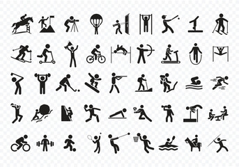 Fototapeta premium A collection of Sport Fitness Activity Silhouette Icons Vector Set Running Cycling Yoga Hiking, yoga and Exercise