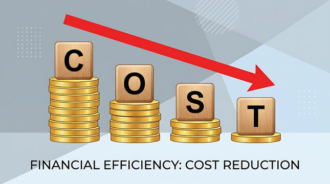 Financial efficiency concept showing stacks of gold coins with wooden blocks spelling cost and a red downward arrow representing budget reduction