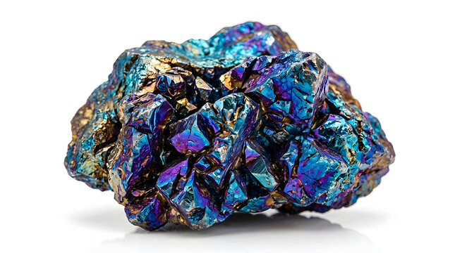Iridescent bornite mineral specimen colorful crystal formation on white background, high-quality, professional, detailed