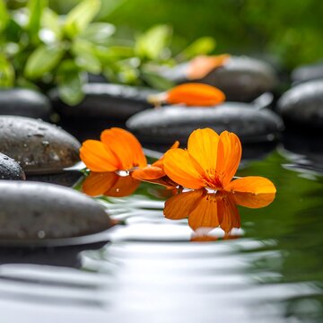 Peaceful water scene with orange flowers and stones