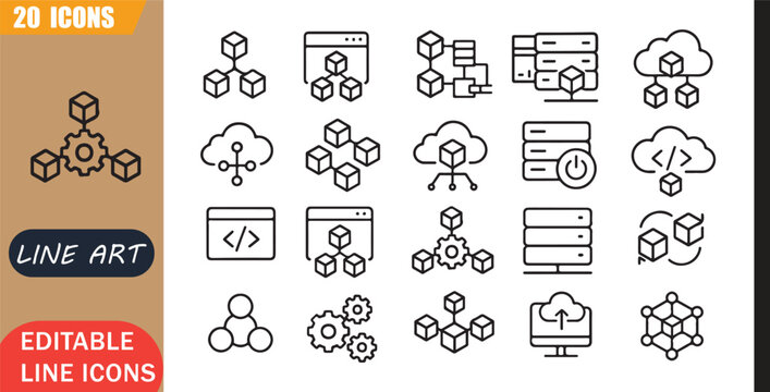 Isolated microservice icons set, 20 editable line art icons set, backend serverless api scalable software, microservice tools, minimal outline vector, api, backend, software, scalable