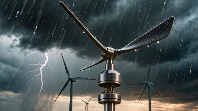Professional wind speed sensor anemometer against a dramatic sky, green energy concept.