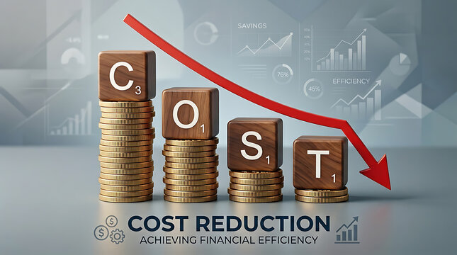 Financial cost reduction strategy represented by stacks of gold coins and wooden blocks with a red downward trend arrow on a digital background
